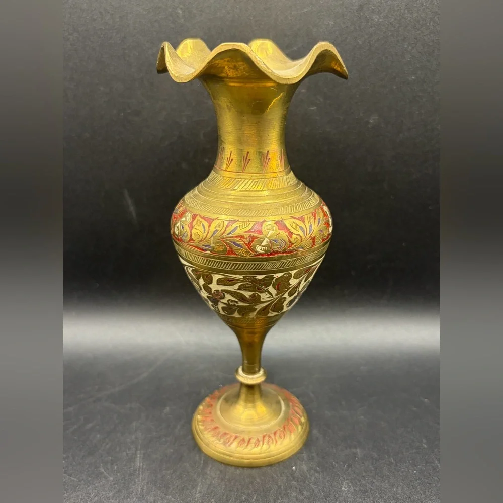 Vintage Etched Enamel Brass Ruffle Rim Bud Vase Table Vase Boho Eclectic Decor - Picture 2 of 14